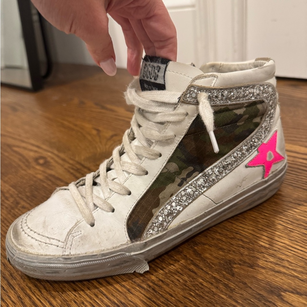 Golden Goose White and Green Camouflage Sneakers